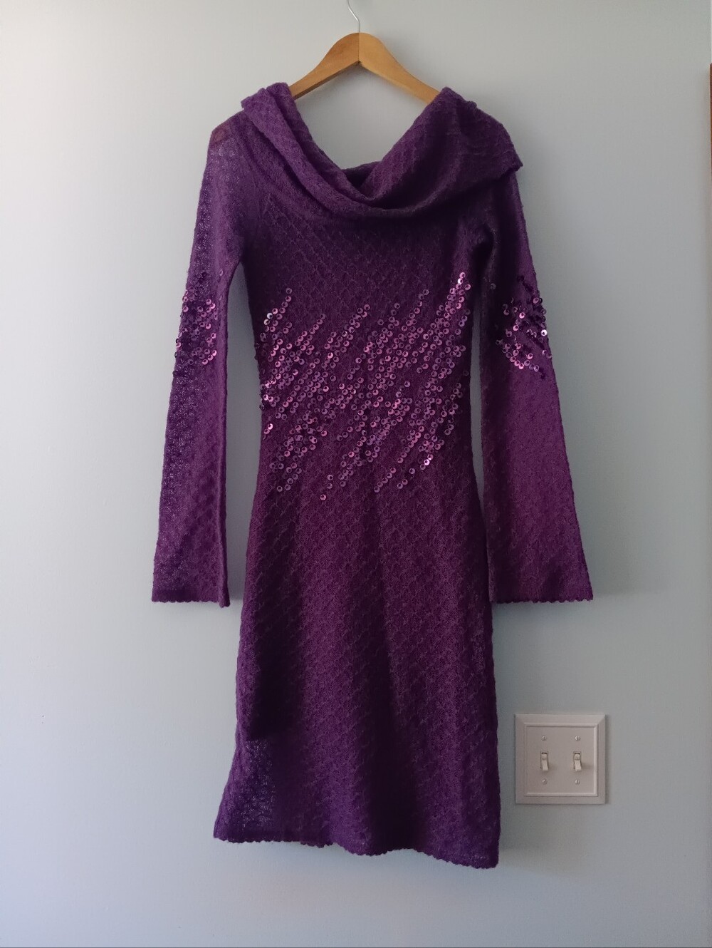 Bebe Knit Off Shoulder Purple Sequin Sweater Dress S
